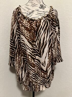Worthington Women’s Animal Print Blouse Size 2X Metallic Chain Neckline Chiffon